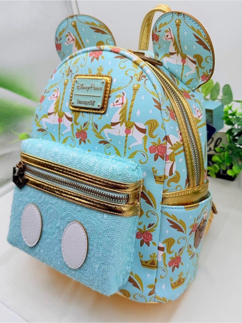 Loungefly Aqua Carousel Mouse Ear Mini Backpack with Gold Accents - Picture 8 of 10